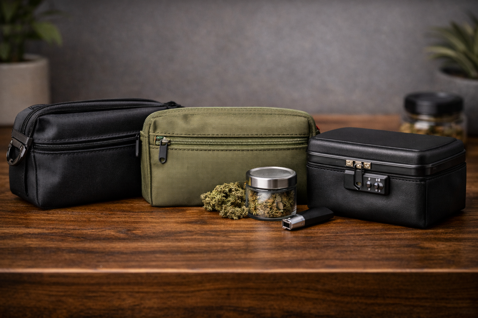 Smell-proof storage bag on a wooden surface.